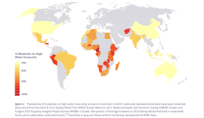 Figure 4 from the WISE Impact Report (March 27, 2024). Prevalence of moderate-to-high water insecurity across 40 countries in which nationally representative data have been collected. Data come from the 2020 & 2022 Gallup World Poll (IWISE Scale); Mexico’s 2021 National Health and Nutrition Survey (HWISE Scale); and Tonga’s 2022 Equality Insights Rapid Survey (HWISE-4 Scale). The portion of this figure based on 2020 Gallup World Poll data is replicated from a prior publication, with permission.10 Countries in grey are those without nationally representative WISE data.