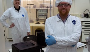 Ben Linzmeier stands in the laboratory at Northwestern University.