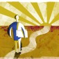 A graphic of a man holding papers while walking on a path that leads to the sunset.