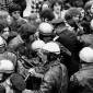 Students protest amongst Evanston police at Northwestern University in the 1970's