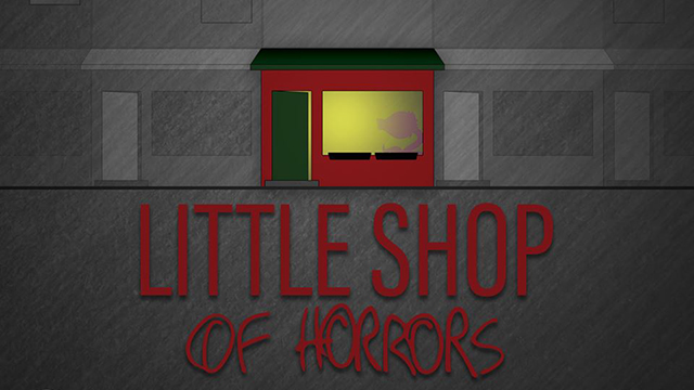 An illustration for Little Shop of Horrors shows a red shop and the title of the show written out