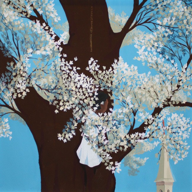 Artwork of a tree against a blue sky