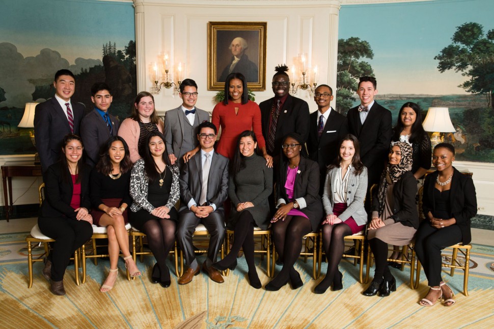 Northwestern University freshman David Guirgis, in the back row and immediately to the left of former First Lady Michelle Obama, posing with the Better Make Room student advisory board in January at the White House.