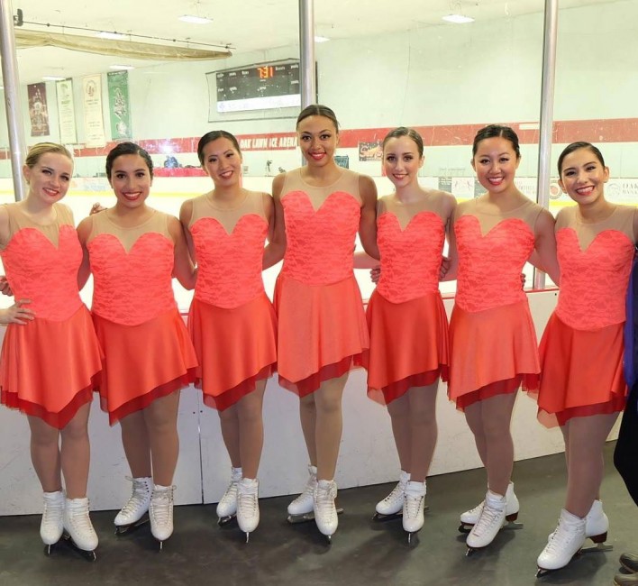 Northwestern senior Rocio Mendez-Rozo (far right) poses with other members of the Purple Line on January 14 at the Synchro Illinois competition at Oak Lawn Ice Arena in Oak Lawn, Illinois. The team earned silver.