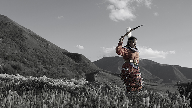 A Native woman wearing traditional Native clothing holds a large feather in the hair. She is standing on the side of a mountain or hill.