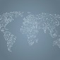 Lines connect bright points to form the shapes of the continents on a map.