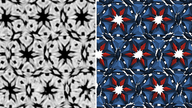 The image is divided in half, with the left side showing a black and white nanoparticle pattern and the right side showing a blue, red, white and black pattern