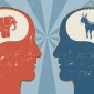 This illustration shows two silhouettes facing each other, one in all red with the picture of the GOP elephant in its brain, and the other all blue with the Democratic Party donkey image in its brain.