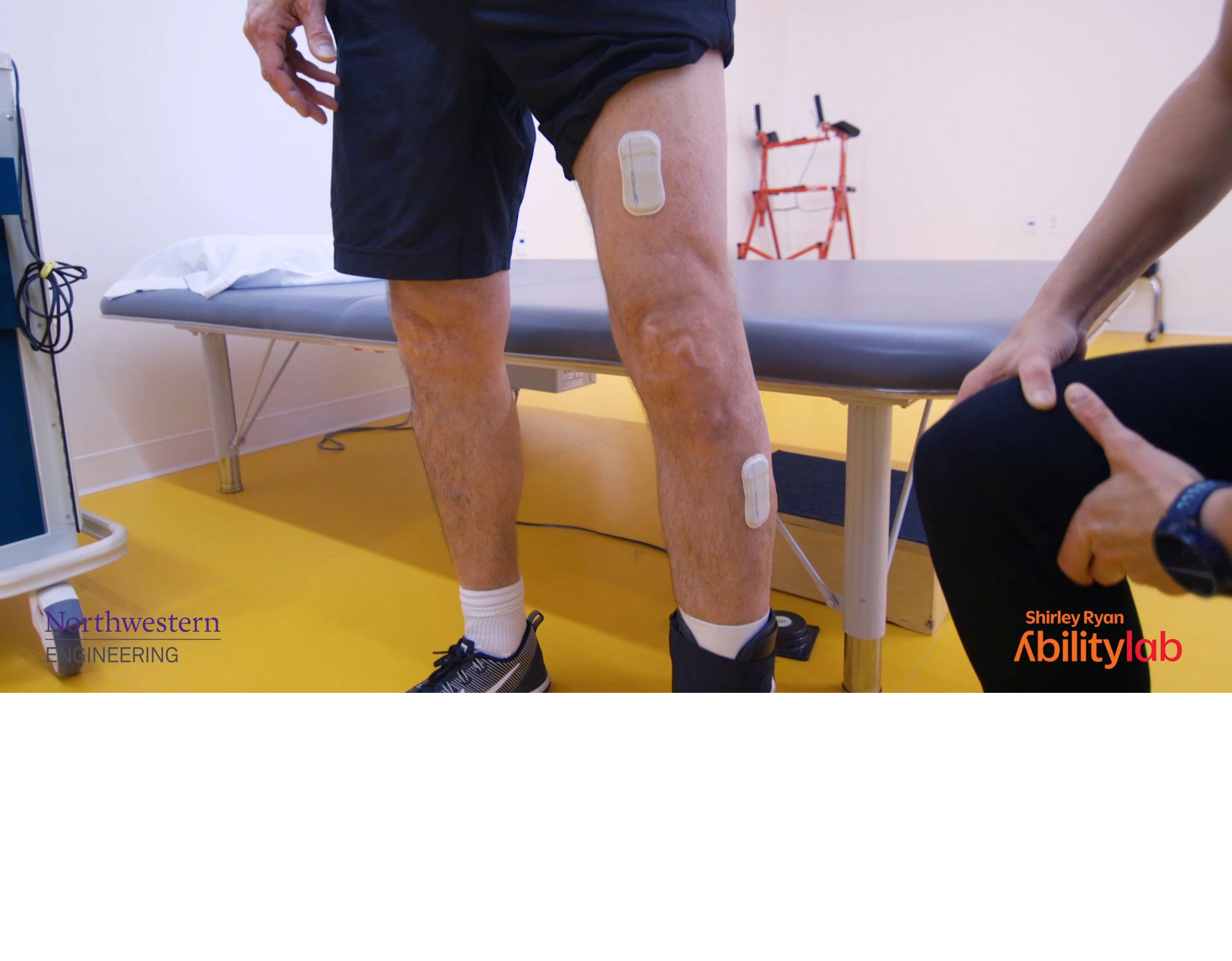 <span>Bandage-like sensors on man's legs</span>
