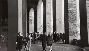 Dyche Stadium, view of west grandstand outer concourse, 1949
