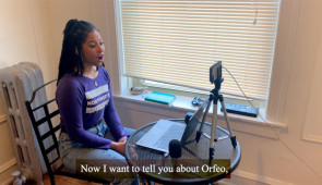 Kandise LeBlanc as La Musica, an unemployed musician who gathers her fellow artists during a pandemic, in Northwestern Opera Theater's "Orfeo remote" mini-series.