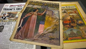 Special editions of the Chicago Tribune: (left) cover of the June 10, 1947, centennial issue; cover (center) and interior (right) of the June 10, 1897, jubilee edition.