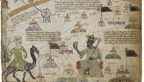 Atlas of Maritime Charts (The Catalan Atlas) [detail of Mansa Musa], Abraham Cresque (1325–1387), 1375, Mallorca. Parchment mounted on six wood panels, illuminated. Bibliothèque nationale de France. On view in exhibition as reproduction.