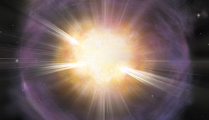 Artist’s interpretation (without labels) of the calcium-rich supernova 2019ehk. Shown in orange is the calcium-rich material created in the explosion. Purple coloring represents gas shedded by the star right before the explosion, which then produced bright X-ray emission when the material collided with the supernova shockwave.

Credit: Aaron M. Geller, Northwestern University