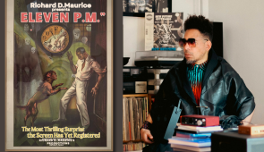 Poster from the surreal film "Eleven P.M." showing a man being stalked by a cat with a woman's head; next to a publicity photo of musician Damon Locks.