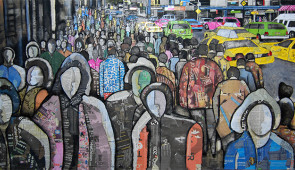 A Cuban in New York. 78 x 39 Inches. Mixed Media {Newspaper Collage} On Canvas.