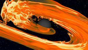 BHNS simulation with tidal disruption. Credit: Visualization: T.Dietrich, N.Fischer, S.Ossokine, H.Pfeiffer, T. Vu; Simulation: V.Chaurasia, T. Dietrich

