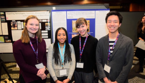 Northwestern undergraduates from Berzock’s 2019 spring seminar 'Reshaping an Exhibition: Preparing ‘Caravans of Gold’ for Presentation in Africa.' 

L to R: Emily Rose Andrey, Brianna Heath, Meghan Clare Considine and Nicholas Liou  present their ongoing research on the Progressive Web App in a poster session at 108th College Art Association Annual Conference. Courtesy Block Museum of Art, Sean Su Photography.
