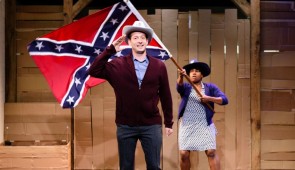 Scott Sheppard (left) and Jennifer Kidwell (right) perform a scene of the "Underground Railroad Game" which was inspired by a game Sheppard was forced to play in the fifth grade.