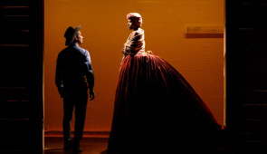 A scene from the satiric comedy "Underground Railroad Game" performed by Scott Sheppard and Jennifer Kidwell 