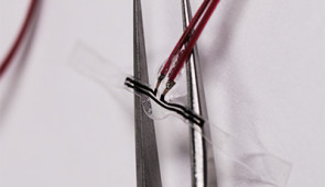Close-up of the sensor on top of tweezers.
