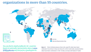 Figure 5 from the WISE Impact Report (March 27, 2024). Dots indicate places where site-specific data have been collected. Countries in blue are those for which nationally representative data have been collected (n=40). To date, we have estimates of water insecurity experiences for approximately half of the world’s population.