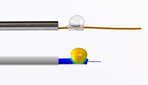 New device (top) with the cushion inflated, shown with the computational model (bottom).