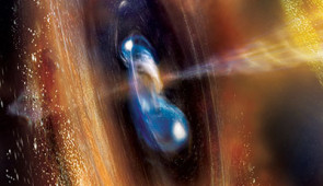 Two neutron stars begin to merge in this illustration, blasting a jet of high-speed particles and producing a cloud of debris. Scientists think these kinds of events are factories for a significant portion of the universe’s heavy elements, including gold. Credit: A. Simonnet (Sonoma State University) and NASA’s Goddard Space Flight Center
