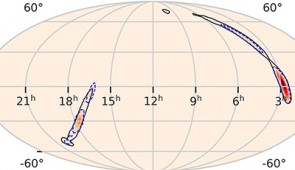 Sky localizations for GW200115 in terms of right ascension and declination. The thick, solid contours show the 90% credible regions. Credit: LVK 
