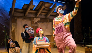 Tomás (Daniel Calderon ’24), the Library Lady (Ruby Gibson’22), Papá Grande (Daniel Mares ‘23) and Tomás' mother, Josefa (Alondra Rios ’24) appear in Imagine U’s “Tomás and the Library Lady.” Presented by the Wirtz Center for the Performing Arts at Northwestern University, the COVID-safe production is being filmed for weekend streaming between March 12 and 28. Photo by Justin Barbin.