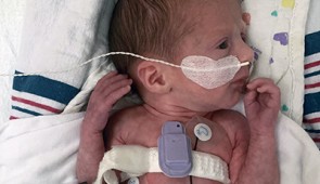 A premature baby wears a wireless device on the chest. Credit: Montreal Children's Hospital