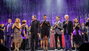 From left: Brian D’Arcy James (C90), Ana Gasteyer (C89), Nancy Dussault (BSM57), Richard Kind (C78), Heather Headley (C97), Adam Kantor (C08), Tony Roberts (C61) and Stephanie D’Abruzzo (C93)