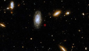Gamma-ray burst 211211A, the location of which is circled in red, erupted on the outskirts of a spiral galaxy around 1 billion light-years away in the constellation Boötes. The NASA/ESA Hubble Space Telescope captured the image with its Wide Field Camera 3 and Advanced Camera for Surveys. Credit: NASA, ESA, Rastinejad et al. (2022), and Gladys Kober (Catholic Univ. of America)