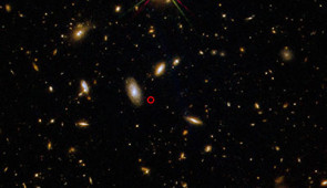 A broader view of GRB 211211A’s location, circled in red, captured using three filters on Hubble’s Wide Field Camera 3. Credit: NASA, ESA, Rastinejad et al. (2022), Troja et al. (2022), and Gladys Kober (Catholic Univ. of America)
