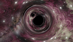 A 31.5 solar-mass black hole with an 8.38 solar-mass black hole companion viewed in front of its (computer generated) stellar nursery prior to merging. The distant band of the Milky Way can be seen toward the lower-left of the black hole pair. Light is warped nearby the black holes due to their strong gravity.