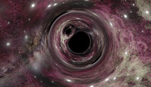 A 31.5 solar-mass black hole with an 8.38 solar-mass black hole companion viewed in front of its (computer generated) stellar nursery prior to merging. The distant band of the Milky Way can be seen toward the lower-left of the black hole pair. Light is warped nearby the black holes due to their strong gravity.