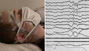 CAPTION: Christopher Y. Mazurek (left) sleeps in the lab as electrical signals from his brain and eyes are displayed on a computer monitor.
CREDIT: K. Konkoly

