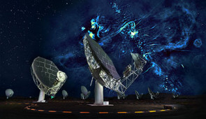 A radio image of the center of the Milky Way with a portion of the MeerKAT telescope array in the foreground. The plane of the galaxy is marked by a series of bright features, exploded stars and regions where new stars are being born, and runs diagonally across the image from lower right to top center. The black hole at the center of the Milky Way is hidden in the brightest of these extended regions. The radio bubbles extend from between the two nearest antennas to the upper right corner. Many magnetized filaments can be seen running parallel to the bubbles. In this composite view, the sky to the left of the second nearest antenna is the night sky visible to the unaided eye, and the radio image to the right has been enlarged to highlight its fine features. 

Credit: SARAO/Oxford/NRAO