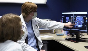 Dr. Emily Miller explains elements of a fetal ultrasound to fellow study author Dr. Rachel Ruderman. (Credit: Northwestern University).