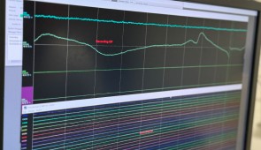 A monitor shows a person's brain waves as they breathe in and out.