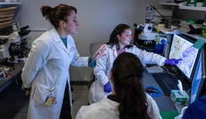 Tamar Gefen, left, observes as Allegra Kawles points to an image of neurons and neuropathology while incoming doctoral student Antonia Zouridakis looks on. (Credit: Shane Collins, Northwestern University)