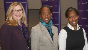 One Book One Northwestern co-chairs Teresa Woodruff and Heather Pinkett with author Margot Lee Shetterly (center). Photo by Teresa Crawford.