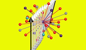 Structure of the crystal made of lithium, cobalt, selenium and oxygen, with lines indicating centrosymmetric relations between atoms. Light (arrows) passing through the crystal is rotated as a result of differential absorption of circular polarizations. Credit: Mark Seniw, Center for Regenerative Nanomedicine/Northwestern University