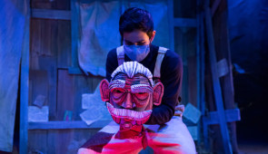 Papá Grande (Daniel Mares ‘23) is just one of the cardboard puppet characters that appears in Imagine U’s “Tomás and the Library Lady.” Presented by the Wirtz Center for the Performing Arts at Northwestern University, the COVID-safe production is being filmed for weekend streaming between March 12 and 28. Photo by Justin Barbin.