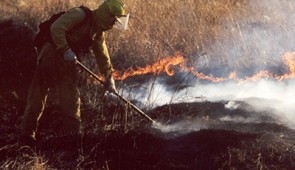 A crewmember from The Nature Conservancy manages a prescribed fire. Credit: The Nature Conservancy