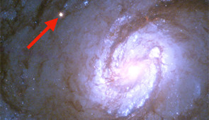 Hubble Space Telescope image of SN 2019ehk in its spiral host galaxy Messier 100. The supernova is identified in red.

Credit: Charlie Kilpatrick, University of California Santa Cruz