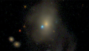 Zwicky Transient Facility composite image of SN2019yvq (blue dot in the center of the image) in the host galaxy NGC 4441 (large yellow galaxy in the center of the image), which is nearly 140 million light-years away from Earth. SN 2019yvq exhibited a rarely observed ultraviolet flash in the days after the star exploded.

Credit: ZTF/A. A. Miller (Northwestern University) and D. Goldstein (Caltech)
