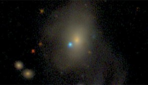 Zwicky Transient Facility composite image of SN2019yvq (blue dot in the center of the image) in the host galaxy NGC 4441 (large yellow galaxy in the center of the image), which is nearly 140 million light-years away from Earth. SN 2019yvq exhibited a rarely observed ultraviolet flash in the days after the star exploded.

Credit: ZTF/A. A. Miller (Northwestern University) and D. Goldstein (Caltech)