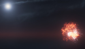 This artist’s concept shows the violent collision of two massive objects in orbit around the star Fomalhaut. Credit: NASA, ESA, STScI, Ralf Crawford (STScI)