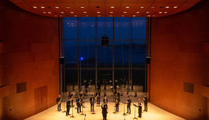 The Bienen saxophone studio, directed by Taimur Sullivan, performs selected works from the NUNC! 5 Call for Scores April 22. Photo by Elliot Mandel.